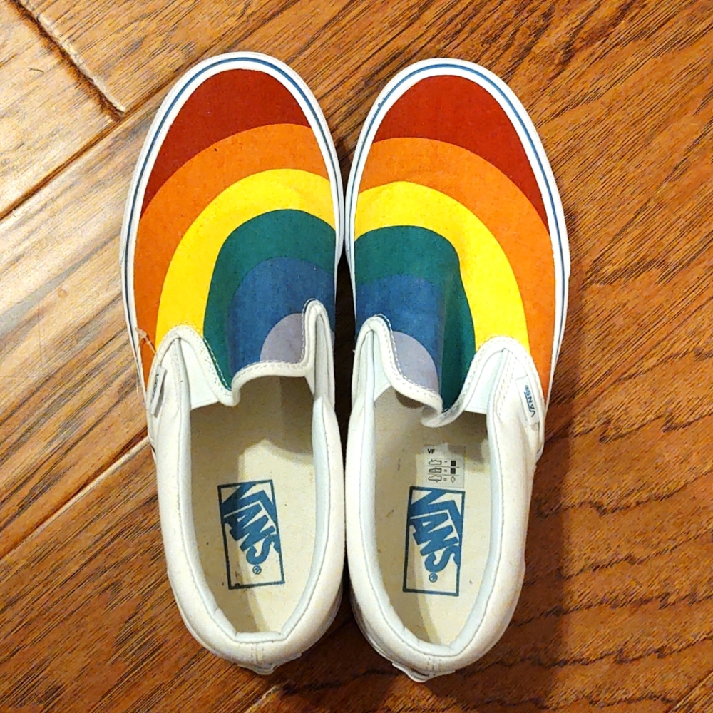 Vans Classic Slip on White and Rainbow Skate Shoes